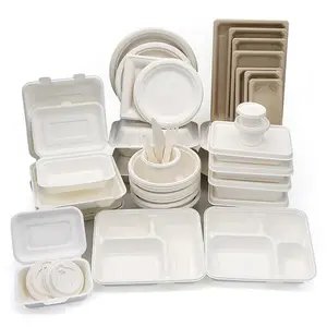 Customizável Microondas Seguro Eco Amigável 2 Compartimento Takeaway Food Container Recipientes De Refeição De Bagaço Biodegradável Prep