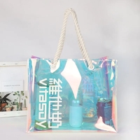 Sac de plage à bandoulière en PVC irisé avec logo personnalisé, fourre-tout avec poignée torsadée, lettre laser holographique irisée imperméable à l'eau