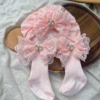 Ensemble bébé fille : Chapeau d'été et chaussettes mi-mollet rose avec nœud de fée fleur de perle, style princesse japonaise