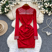 Robe Courte Décontractée WIWT pour Femme, Élégante, à Col Montant, Manches Longues, Décorée de Strass, Froncée, Moulante, Idéale pour les Fêtes et le Quotidien