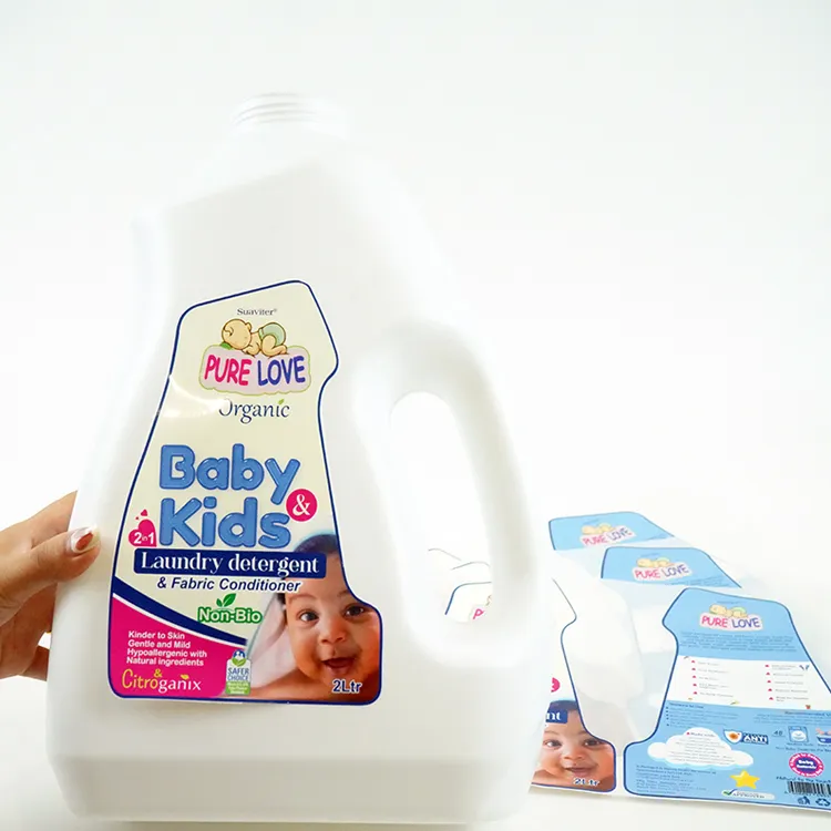 Personalizado privada forma irregular garrafa frente e verso rótulos para produtos mais limpos do bebê papel sintético etiquetas impermeáveis