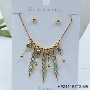 Conjunto de joyería monocromática de 2 piezas de lujo para mujer, cobre chapado en oro con circón y perla, uso diario minimalista para regalos - Product Image 1