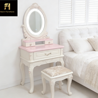 Coiffeuse de luxe française en bois sculpté rose pour chambre de fille, style médiéval européen, avec miroir LED tactile