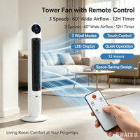 Kipas Menara Portable Slim 48 inci Produk Baru Terlaris dengan Timer 12 Jam, Osilasi, dan Sertifikasi ETL, CB, CE, GS