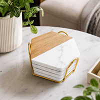 Lot de 4 sous-verres hexagonaux en marbre blanc et bois d'acacia, vierges pour gravure laser, avec support doré, pour les boutiques de cadeaux