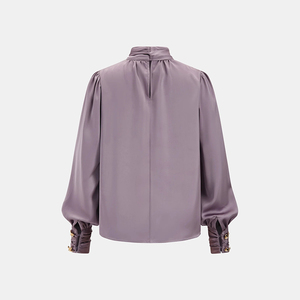 Camicetta in Raso Viola <span class=keywords><strong>con</strong></span> <span class=keywords><strong>Grande</strong></span> Fiocco al Collo, Maniche Lunghe a Sbuffo, <span class=keywords><strong>Colletto</strong></span> Alto, <span class=keywords><strong>Camicia</strong></span> da Ufficio per Donne Personalizzabile - Product Image 3
