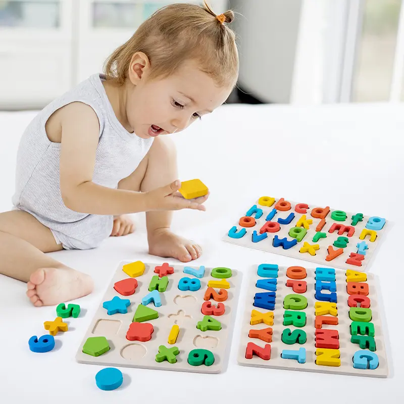 Çocuklar erken Montessori eğitici oyuncak öğrenme alfabe numarası renk 3d ahşap alfabe numarası bulmaca oyuncak
