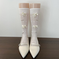 Chaussettes mi-mollet pour femme, style rétro, avec nœud perlé et strass scintillants, en coton absorbant la transpiration, fines et amincissantes pour l'été