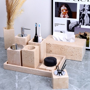 Hot <b>Sale</b> Free Combination Nature Marble Beige Travertine Stone Bathroom Toiletries Set Wabi Sabi Bathroom Amenities Kit - Product Image 3