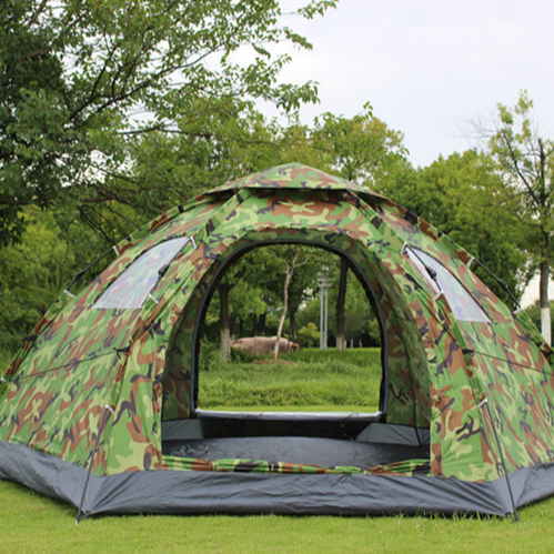 Automatic Outdoor 6-8 People Camouflage Single-layer Family Tent Beach Camping Two-door Mountaineering Travel Hexagonal Tent