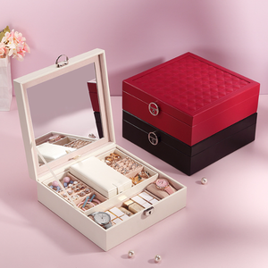 Boîte de rangement à bijoux en cuir haut de gamme à double couche, grande capacité, avec logo personnalisé, miroir et fermoir à boucle pour bagues, bracelets et pendentifs - Product Image 1