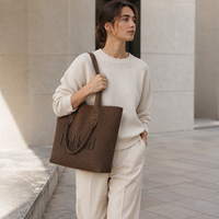 Bolsa de punto verde mostaza con logotipo personalizado elegante, con correas de transporte bidireccionales, bolso de compras de tela tejida resistente para tiendas minoristas