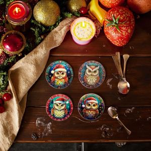Sous-verres décoratifs en céramique hiboux de Noël mignons, tapis et dessous-de-plat décoratifs pour la maison, idée cadeau parfaite, napperons, décorations de table de cuisine - Product Image 5