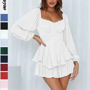 Vestido plissado de verão para mulheres, vestido elegante com manga curta e decote quadrado, casual, feminino, 2023