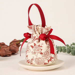 Luxury Boutique Canvas <b>Drawstring</b> <b>Bag</b> with Ribbon Handle Customized Printed Wedding Candy Jewelry Packaging Pouch - Product Image 6