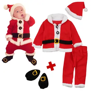 Santa kostüm erkek bebek noel giysileri ceket + pantolon + çorap + ayakkabı 4 adet erkek parti giyim çocuk Cosplay giyim kıyafet yeni yıl