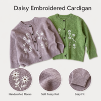 Kardigan Rajut Anak Perempuan Bordir Bunga Daisy Kerah Bulat Kancing Depan, Sweater Rajut Lembut, Label Pribadi Kustom, Pabrik OEM