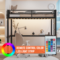 Lit superposé avec bureau, cadre de lit en métal avec prise de courant et lumières LED