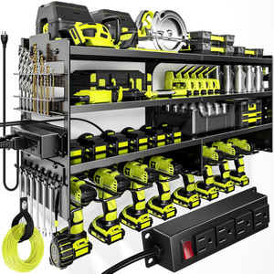 Estante grande de almacenamiento de herramientas eléctricas para montar en la pared, estante metálico multifuncional de 4 niveles con 8 soportes para taladros inalámbricos - Product Image 1