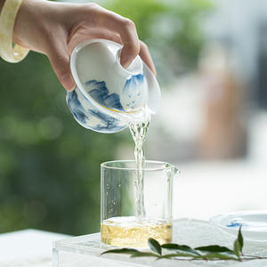 طقم شاي صيني تقليدي، كوب شاي من البورسلين المرسوم يدويًا بتصميم المناظر الطبيعية باللونين الأزرق والأبيض، مجموعة سفر للشاي - Product Image 3