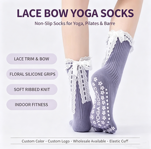 PATON Chaussettes de yoga et de pilates antidérapantes à cinq doigts pour femmes, avec bordure en dentelle blanche ajourée et long <span class=keywords><strong>ruban</strong></span> à nœud, vente en gros personnalisée - Product Image 1