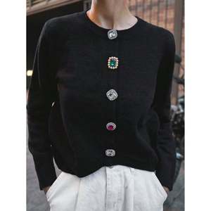 Crew Neck <b>Cardigan</b> Women's Black Warm Knitwear - Product Image 4