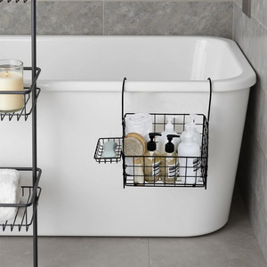 Hanging Bathroom <b>Storage</b> Basket Black Metal Mesh Organizer For <b>Shower</b> Toiletries With Drainage Hook Type Installation - Product Image 3