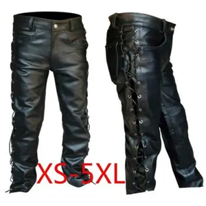 Leather Pants Men Pu Leather Locomotive Punk Style Black Side Laces Up Bikers Trousers Plus Size Mens Clothing