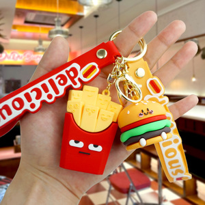 Cute Popular Cartoon Rubber Keychain Hamburger Pizza Fries Sausage Pendant Accessory Non Toxic Zinc Alloy Charm Silk Screen - Product Image 3