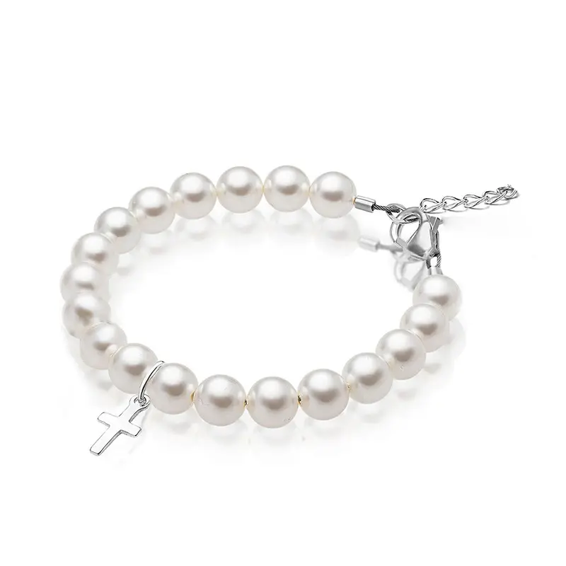 Vintage Religious 8MM Silver Pearl Bracelet Baroque Resin White Pearl Beaded Adjustable Bracelet Fine