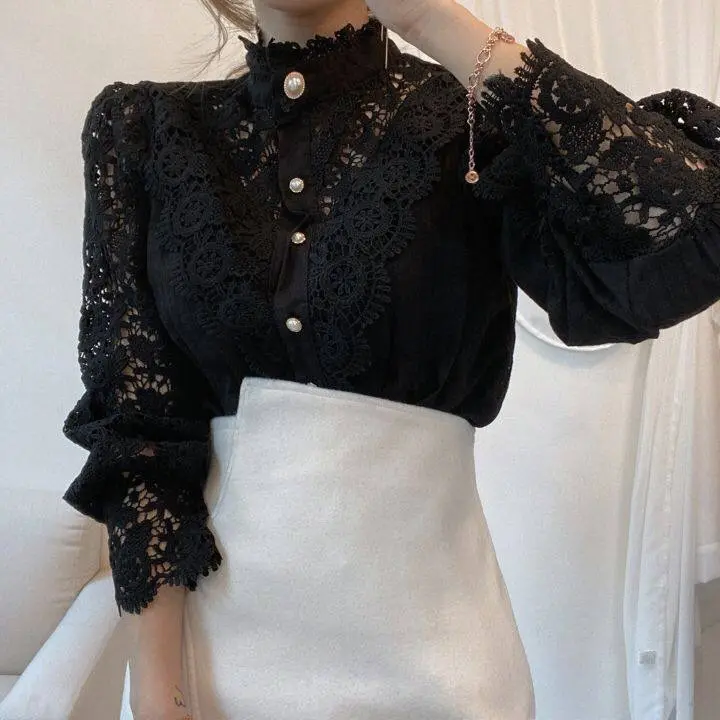 Custom Spring And Autumn Loose Women Elegant Long Sleeve Stand Collar Lace Hollow Out Casual Women Blouses Shirts