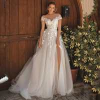 Vintage Sheer Neck Wedding Dresses, Short Capped Sleeve