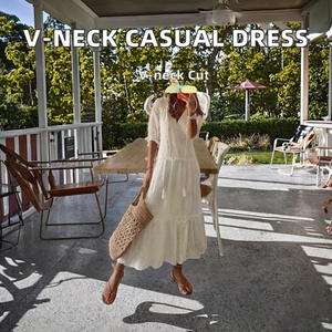 Robes décontractées à manches courtes pour femmes, longueur moyenne, col en V, imprimé, style doux, vente en gros, écologiques, naturelles, été - Product Image 3