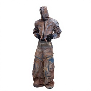 Chaqueta vaquera corta con capucha de bambú tejido estilo vintage High Street Wasteland para hombre, con efecto desgastado y teñido de barro, de dos piezas con estructura destruida. - Product Image 2