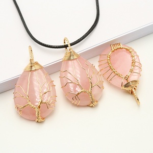 Pendentif en pierre naturelle cristal en forme <span class=keywords><strong>de</strong></span> goutte, arbre <span class=keywords><strong>de</strong></span> vie en quartz, enroulé sur fil, pour collier, bijoux en pierres précieuses - Product Image 1