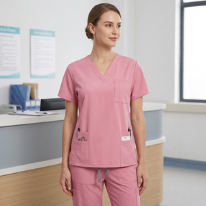 Haut de blouse médicale unisexe rose à col en V avec poches avant, uniforme d'hôpital en tissu de coton tissé, sans couture, détection par aiguille, ensembles de blouses médicales - Product Image 1