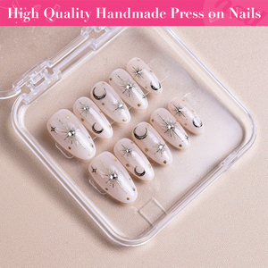 <span class=keywords><strong>Faux</strong></span> ongles à presser personnalisés en acrylique, motif étoile et lune, faits main, style bohème, forme amande, réutilisables, à coller sur les doigts - Product Image 2