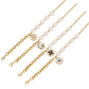 Fashion Shell Pearl Coin Bracelet With Rhinestones Moon Star Heart Pendant Stainless Steel and Beads 18K Gold Plated for Women