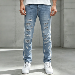 <b>Mens</b> Slim Fit Light Blue Wash Distressed <b>Ripped</b> <b>Jeans</b> With Side Stripes Streetwear Casual Denim <b>Jeans</b> - Product Image 1