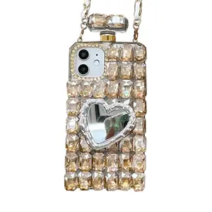 苹果15 Pro Max 13 11珠光手机外壳香水瓶外壳，带挂绳带化妆3D钻石水晶水钻