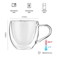 Tazas de Café de Vidrio Borosilicato de Doble Pared, Hechas a Mano, de Alta Calidad, 9.5 oz, Transparentes, Aptas para Lavavajillas y Microondas