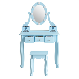 FCH Ensemble de coiffeuse pour enfants bleu macaron Princesse Bureau de maquillage et coiffeuse avec 5 tiroirs de rangement et miroir lumineux pour les enfants de 3 ans et plus - Product Image 1