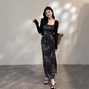 Tie Dye Sleeveless Strapless Dress Women Slim Fit Ink Painting Pattern Maxi Skirt Party Wear Black Dress Polyester YX 8143 - Product Image 5