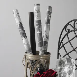CALOR Papier d'emballage à fleurs picturales noir et blanc Papier kraft 40g 1 rouleau