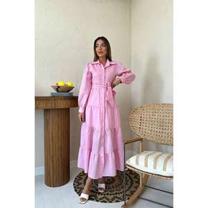 Vestido Casual Diario Transpirable de Cintura Elástica con Cuello Redondo y Cinturón Rosa, Estilo Línea A - Product Image 4