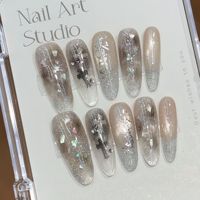 Nouvelle Arrivée : Faux Ongles à Presser en Acrylique Amande Faits Main, Style Coquillage Océanique Estival, avec Paillettes Brillantes et Nœud Noir, en Gel