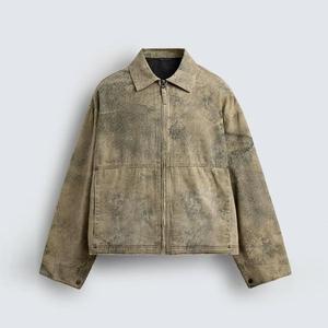 OEM Cotton Polyester Vintage <b>Denim</b> <b>Jacket</b> Washed Distressed Stand Collar Zip Up Casual Flight Style Autumn Bulk <b>Men</b> <b>Denim</b> <b>Jacket</b> - Product Image 3