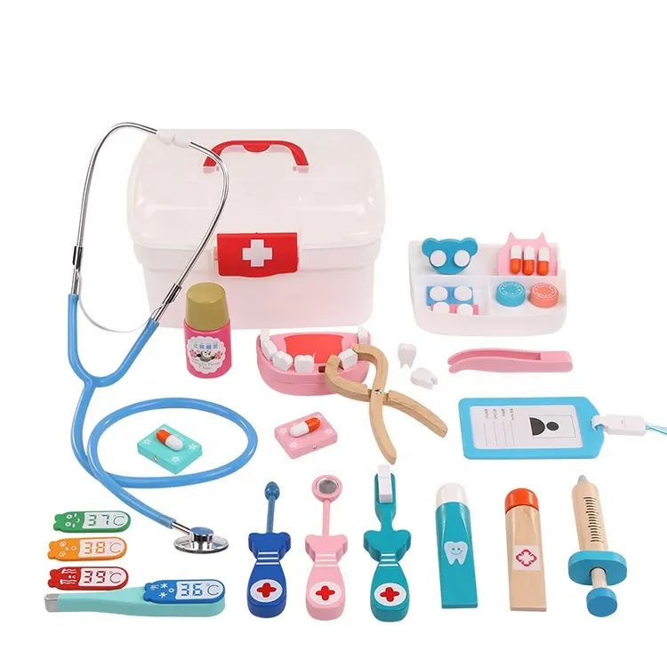 ילדים רופא צעצוע ערכת הזרקת כלי עץ סימולציה אמיתי חיים רפואת תיבת ילדה צעצועים בית סטטוסקופ