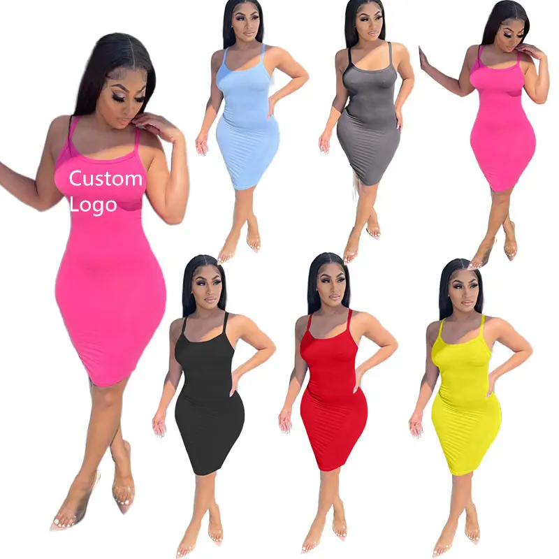 2022 OEM Custom Logo Summer Plus Size Women Dresses Maxi Club Solid Color Sexy Sleeveless Sundresses Bodycon Casual Dress