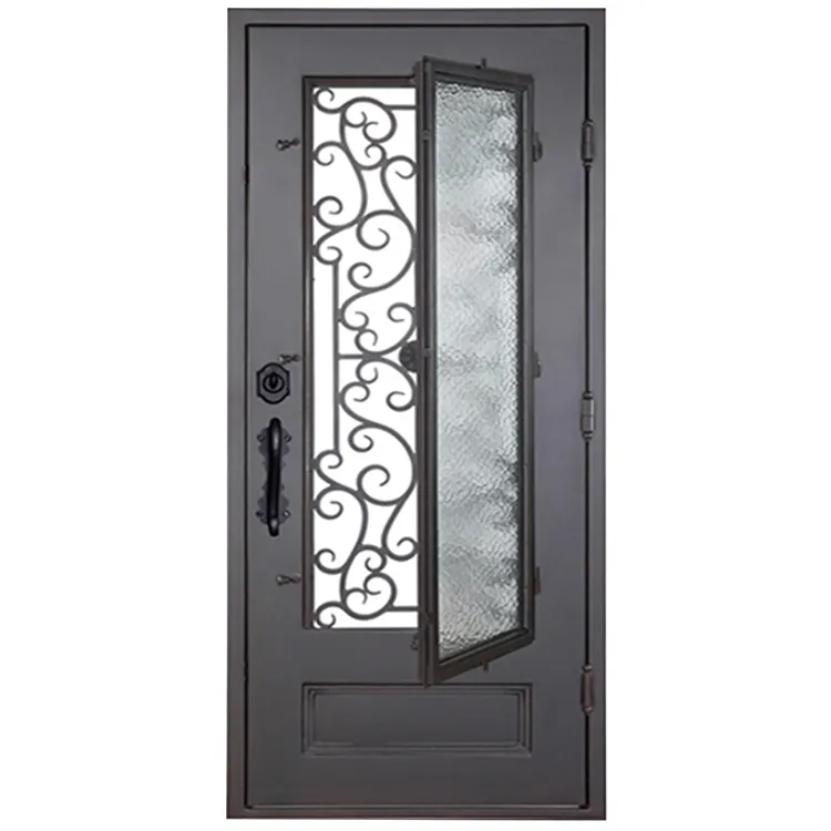 Factory prices luxury metal main entrance doors exterior single wrought iron front entry gate door with glass opening window